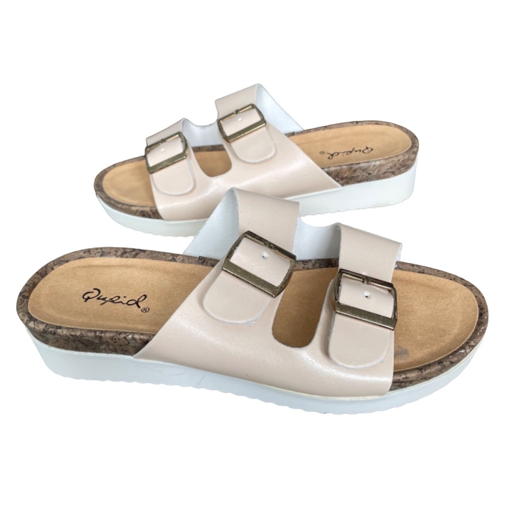 Qupid Platform Slides Sandals - Blush Pink / Nude & White